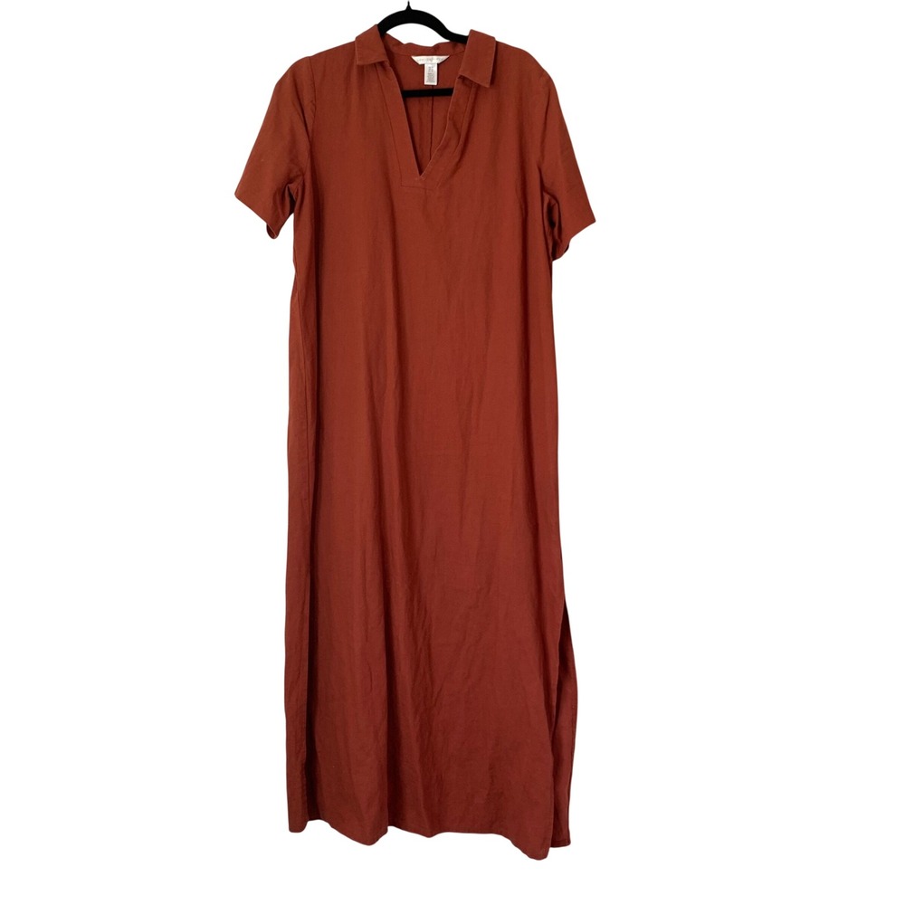 London Times Maxi Shirt Dress Women 14 Rust Linen Coastal Resort Chic Lagenlook